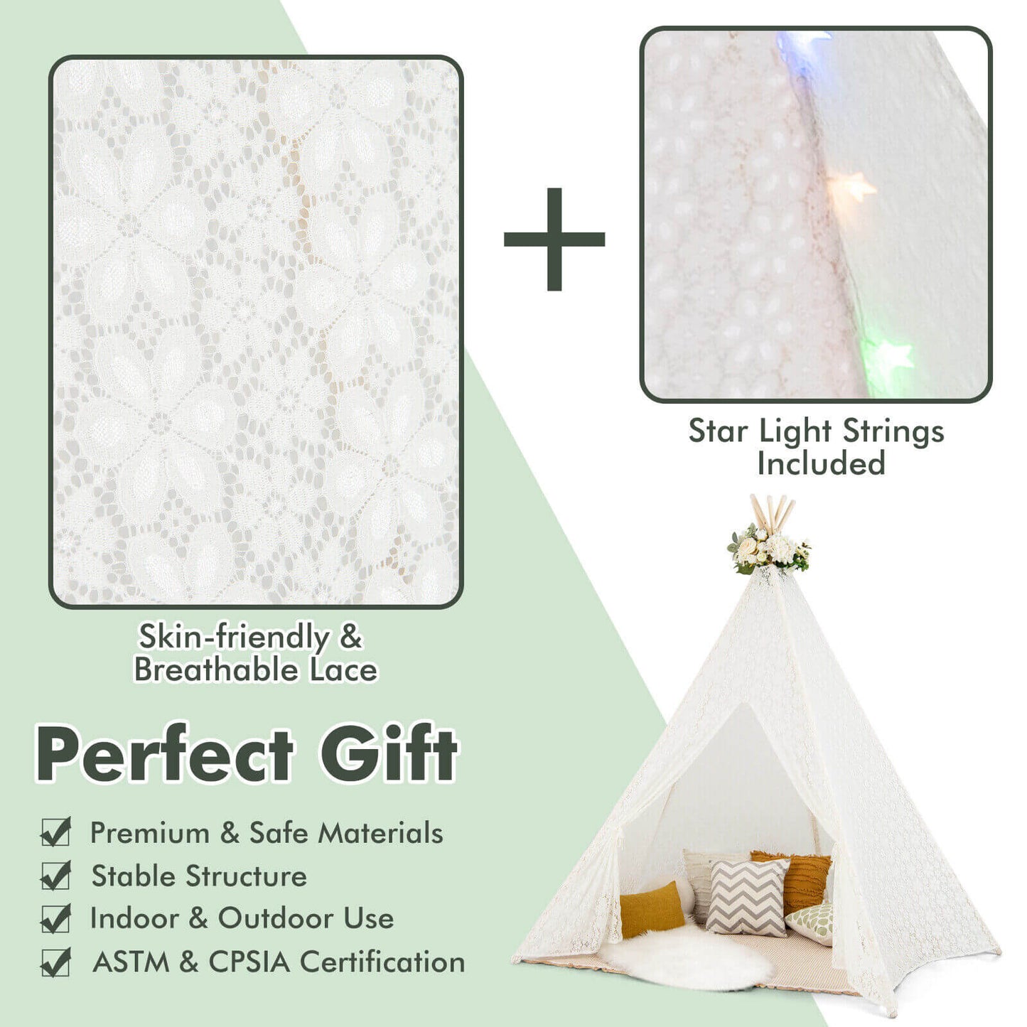 Lace Teepee Tent with Colorful Light Strings for Children Kids Crystal