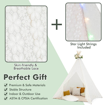 Lace Teepee Tent with Colorful Light Strings for Children