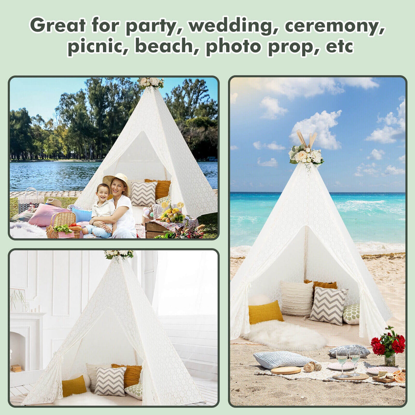 Lace Teepee Tent with Colorful Light Strings for Children Kids Crystal