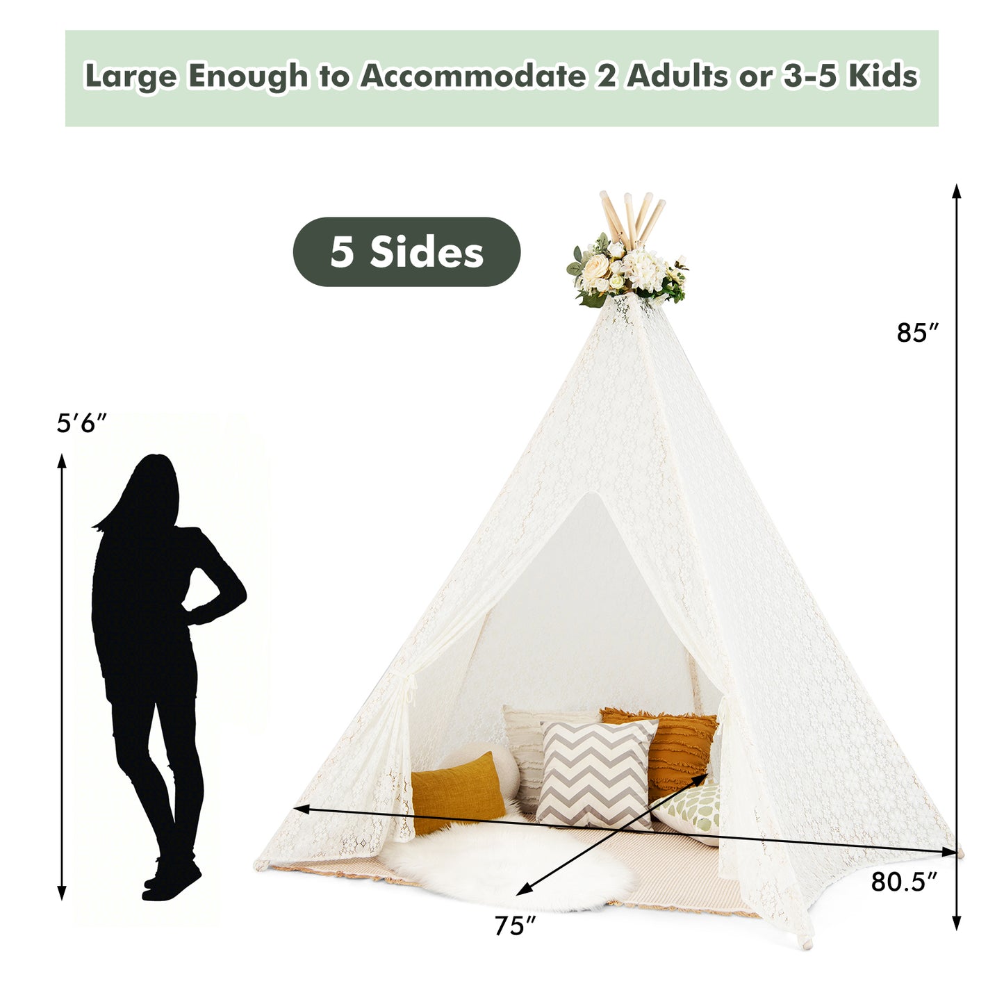 Lace Teepee Tent with Colorful Light Strings for Children Kids Crystal