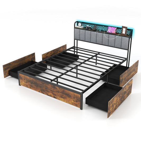 Twin/Full/Queen Bed Frame with LED Lights Upholstered Headboard and 4 Storage Drawers-Queen Size Kids Crystal