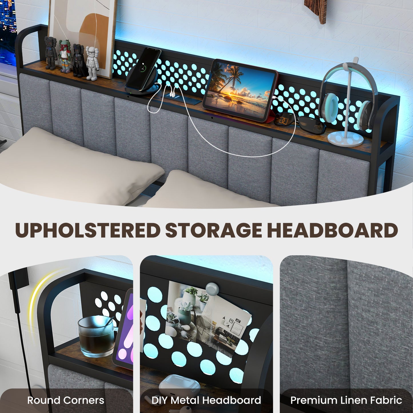 Twin/Full/Queen Bed Frame with LED Lights Upholstered Headboard and 4 Storage Drawers-Queen Size Kids Crystal