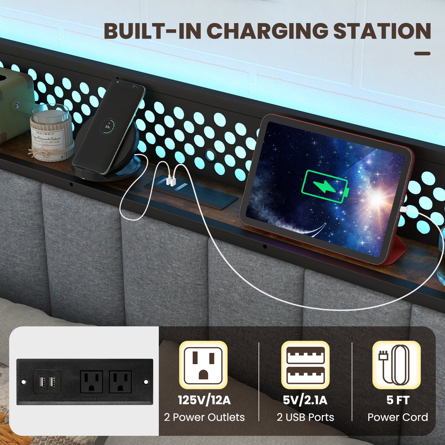 Twin/Full/Queen Bed Frame with LED Lights Upholstered Headboard and 4 Storage Drawers-Queen Size Kids Crystal