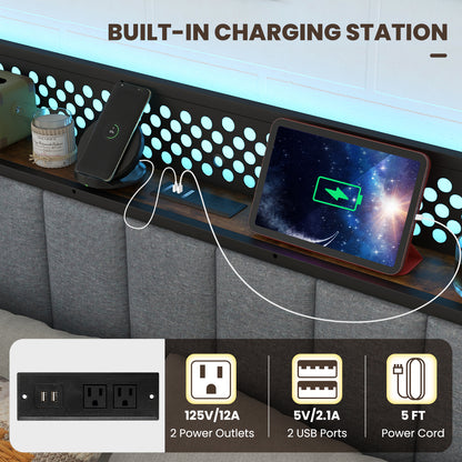 Twin/Full/Queen Bed Frame with LED Lights Upholstered Headboard and 4 Storage Drawers-Queen Size