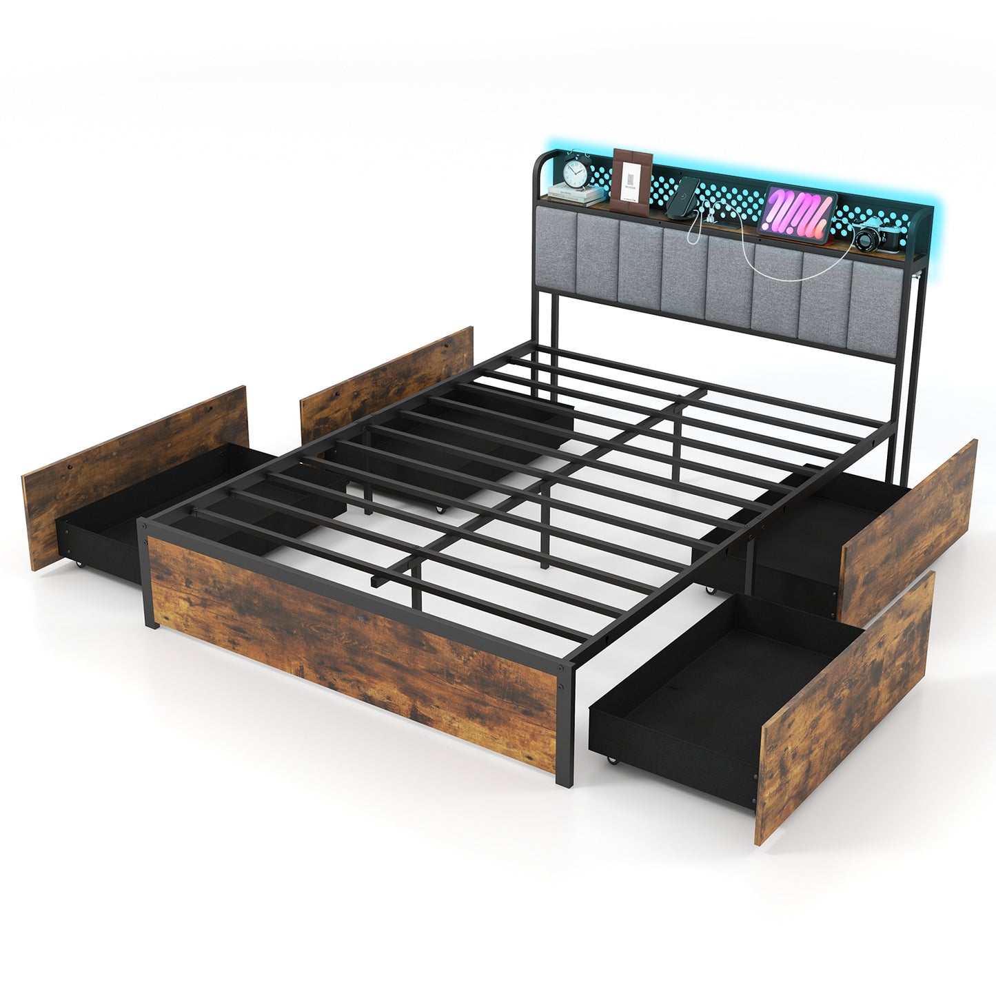 Twin/Full/Queen Bed Frame with LED Lights Upholstered Headboard and 4 Storage Drawers-Full Size Kids Crystal