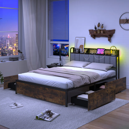 Twin/Full/Queen Bed Frame with LED Lights Upholstered Headboard and 4 Storage Drawers-Full Size