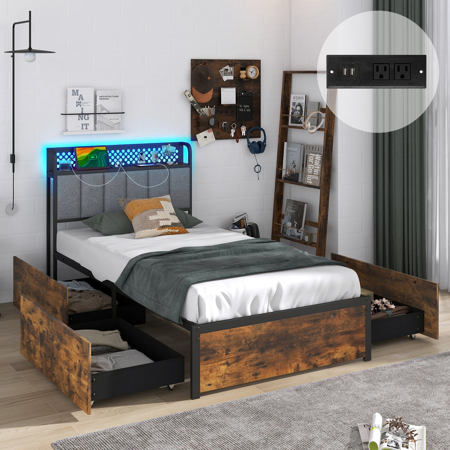 Twin/Full/Queen Bed Frame with LED Lights Upholstered Headboard and 4 Storage Drawers-Twin size Kids Crystal