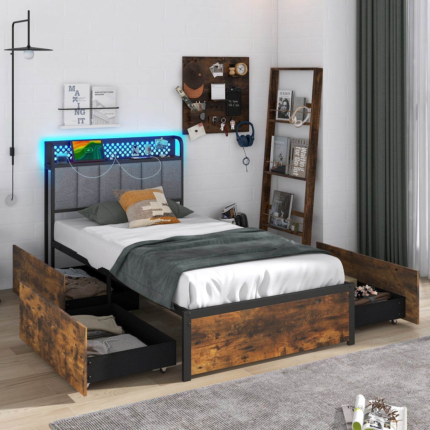 Twin/Full/Queen Bed Frame with LED Lights Upholstered Headboard and 4 Storage Drawers-Twin size Kids Crystal