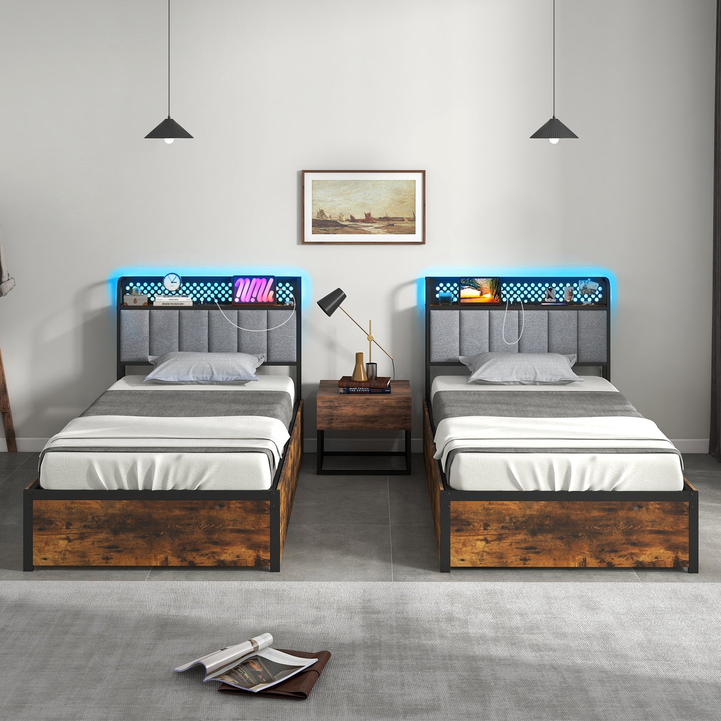 Twin/Full/Queen Bed Frame with LED Lights Upholstered Headboard and 4 Storage Drawers-Twin size Kids Crystal