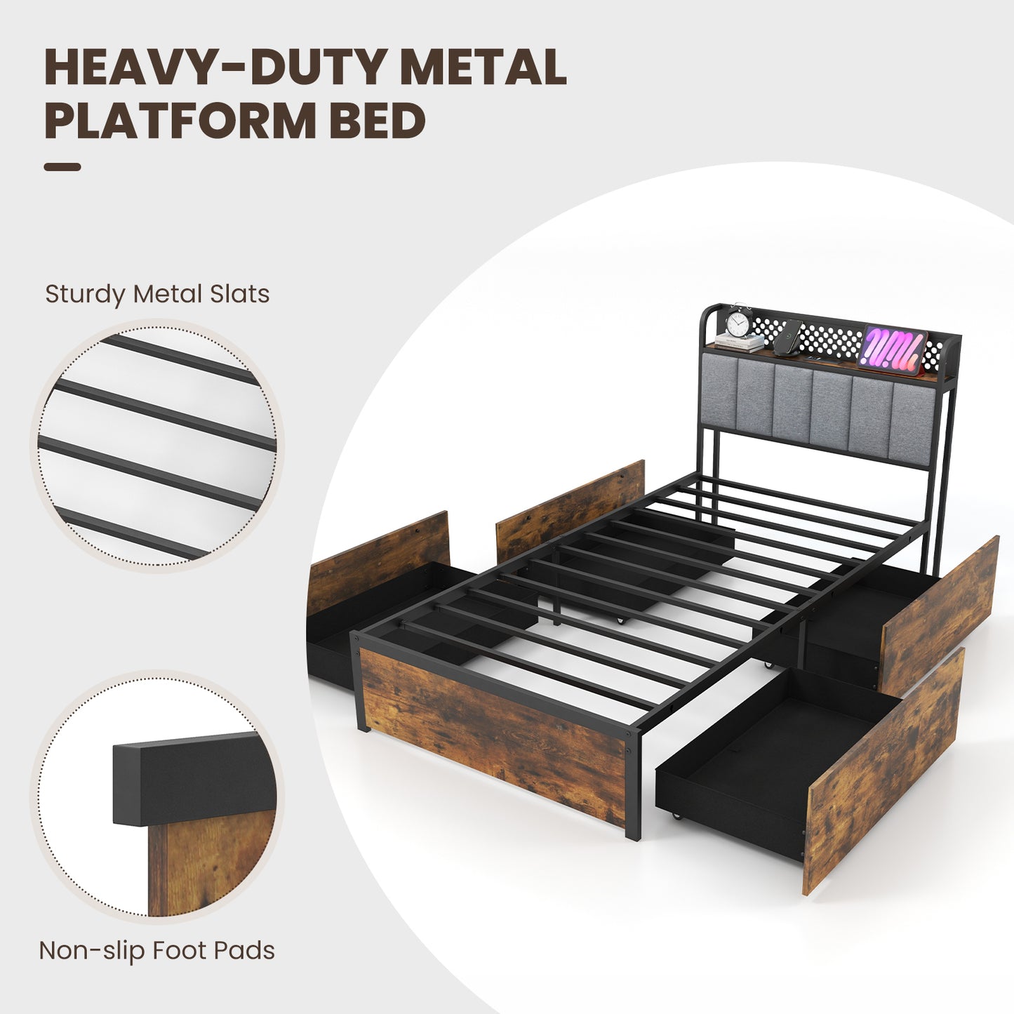 Twin/Full/Queen Bed Frame with LED Lights Upholstered Headboard and 4 Storage Drawers-Twin size Kids Crystal