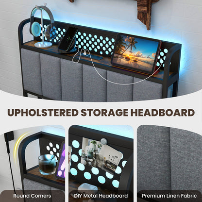 Twin/Full/Queen Bed Frame with LED Lights Upholstered Headboard and 4 Storage Drawers-Twin size