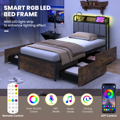 Twin/Full/Queen Bed Frame with LED Lights Upholstered Headboard and 4 Storage Drawers-Twin size