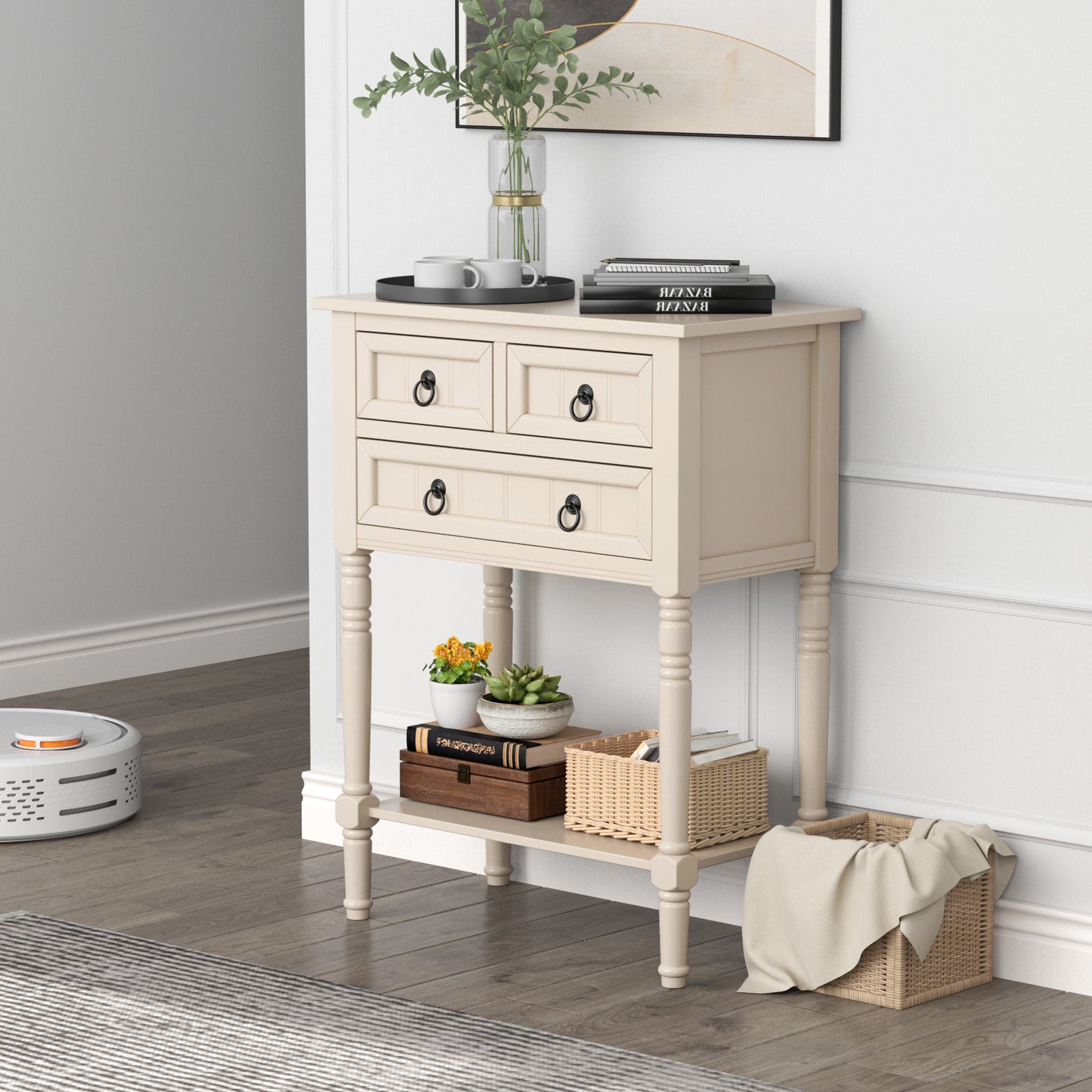 Narrow Console Table with 3 Storage Drawers and Open Bottom Shelf-Beige Kids Crystal