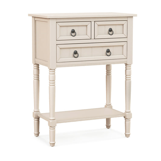 Narrow Console Table with 3 Storage Drawers and Open Bottom Shelf-Beige Kids Crystal