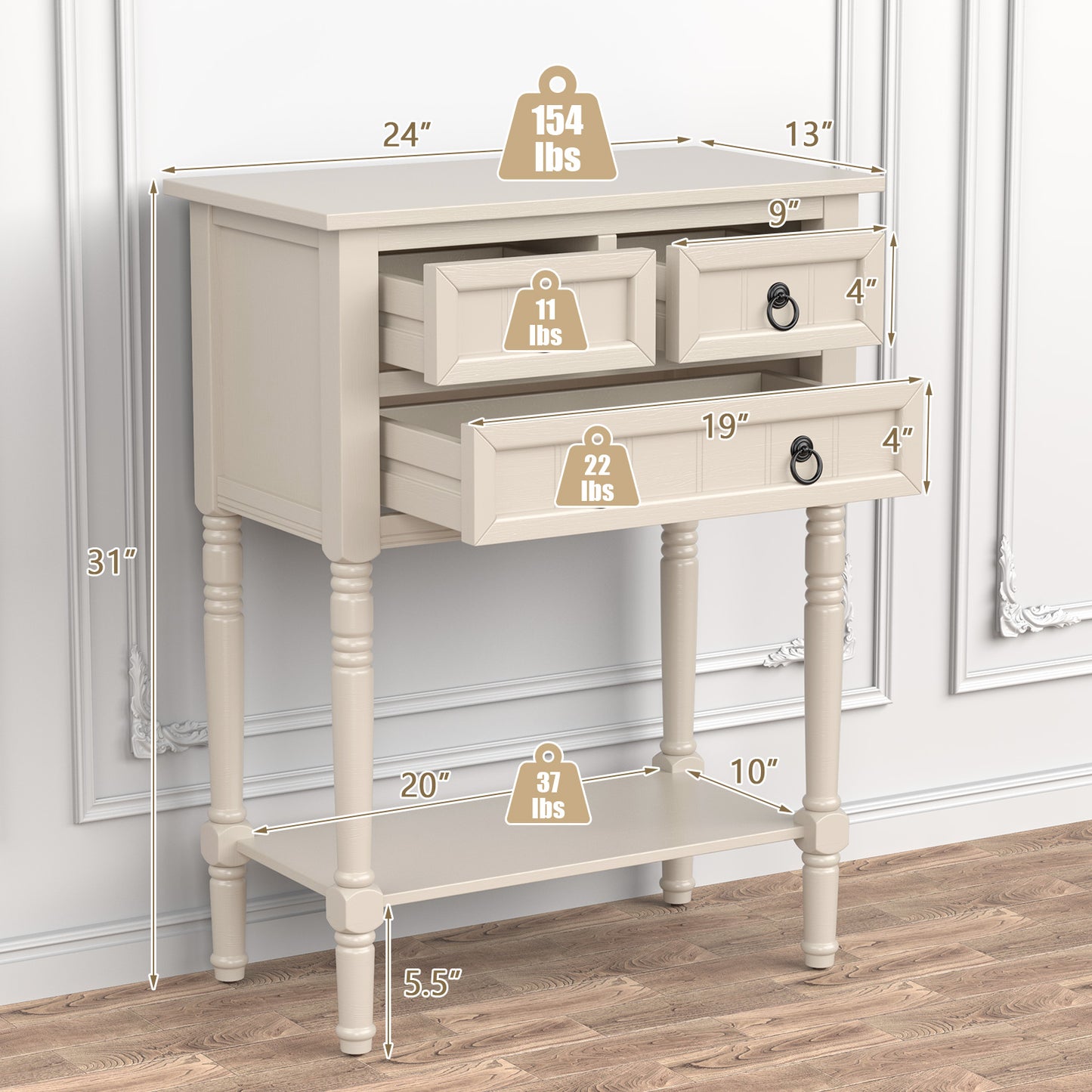 Narrow Console Table with 3 Storage Drawers and Open Bottom Shelf-Beige Kids Crystal