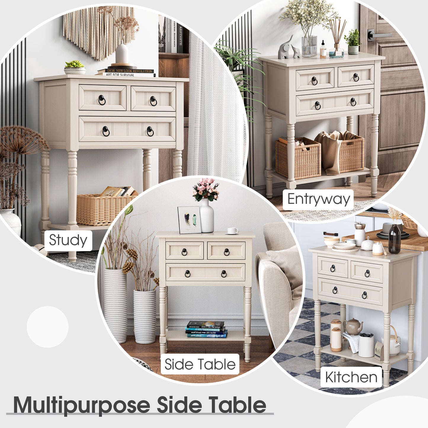 Narrow Console Table with 3 Storage Drawers and Open Bottom Shelf-Beige Kids Crystal