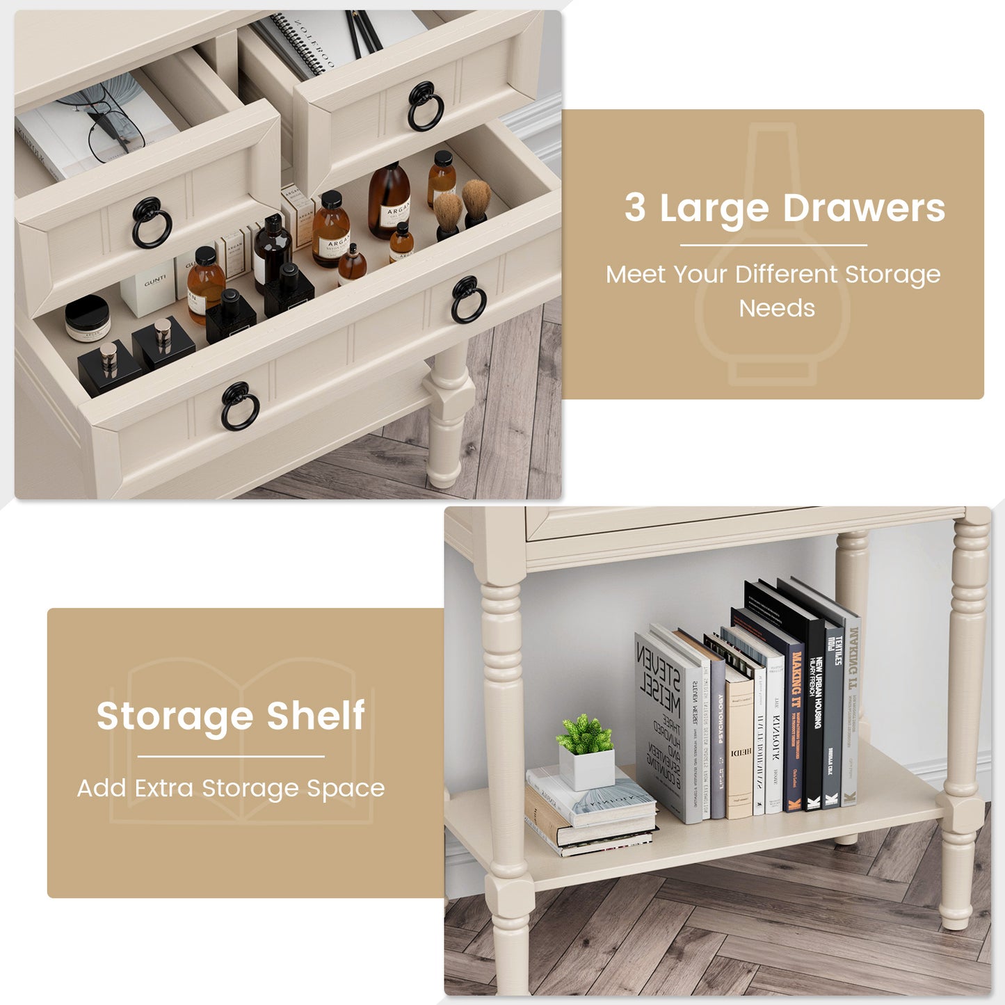 Narrow Console Table with 3 Storage Drawers and Open Bottom Shelf-Beige Kids Crystal