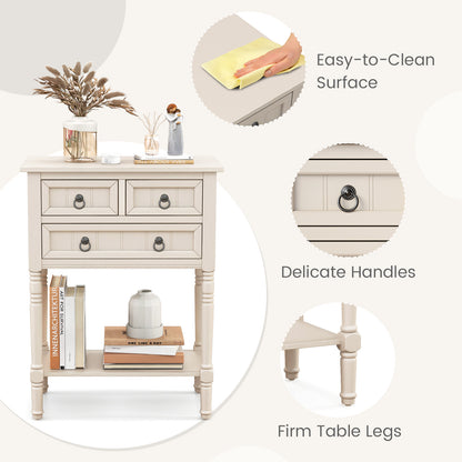 Narrow Console Table with 3 Storage Drawers and Open Bottom Shelf-Beige