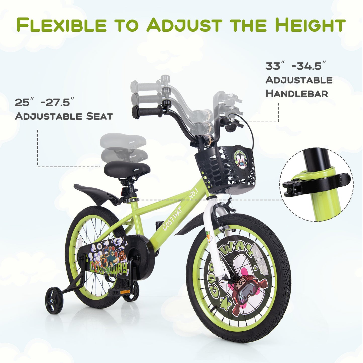 18 Inch Kids Bike Adjustable with Detachable Training Wheels for 4-8 Years Old-18 inches Kids Crystal