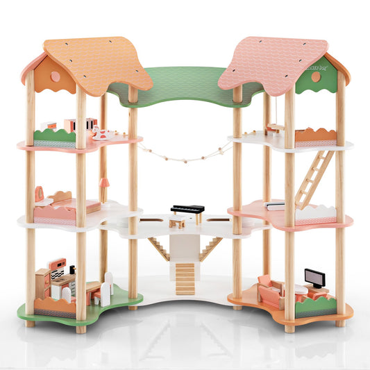 3-Tier Wooden Dollhouse for Kids Aged 3-8 Years Old with 32 Pieces of Accessories-Multicolor Kids Crystal