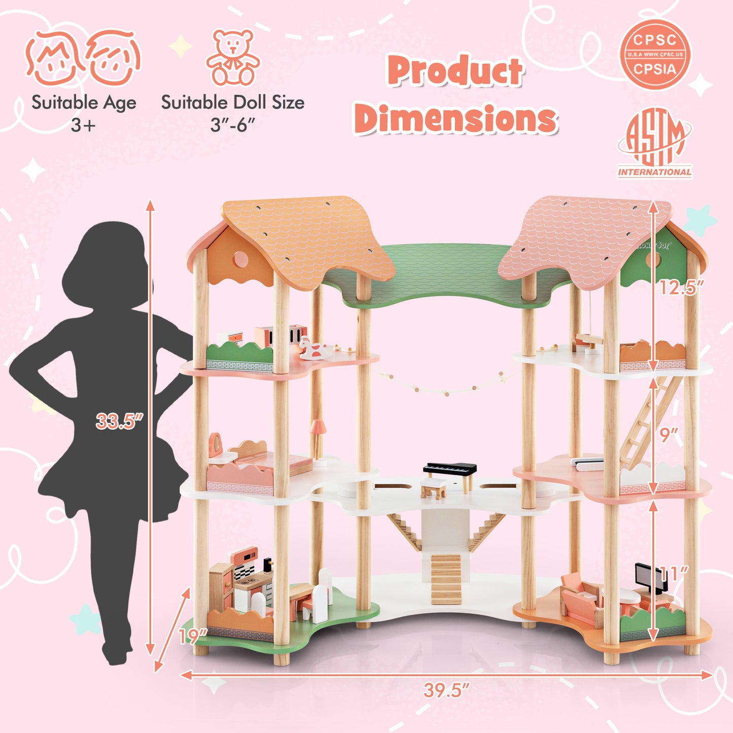 3-Tier Wooden Dollhouse for Kids Aged 3-8 Years Old with 32 Pieces of Accessories-Multicolor Kids Crystal
