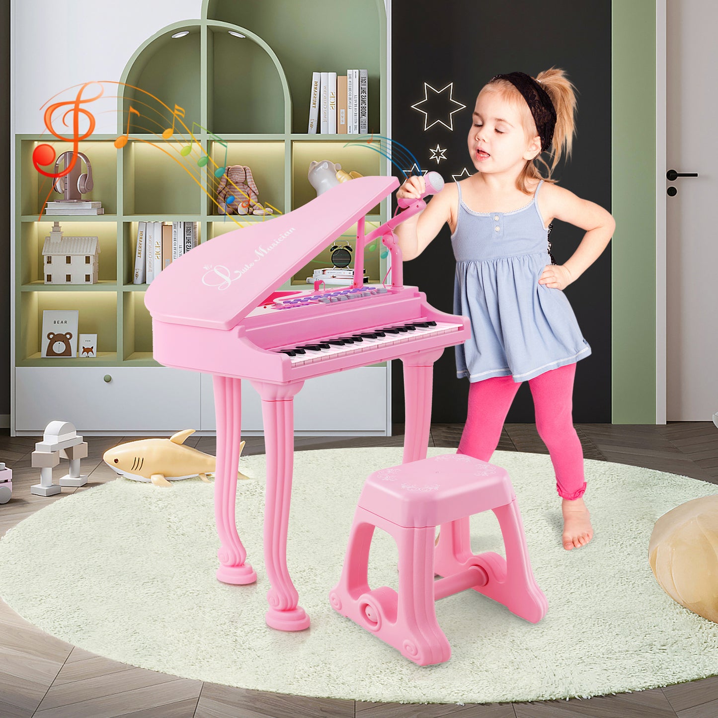 37 Keys Kids Piano Keyboard with Stool and Piano Lid-Pink Kids Crystal