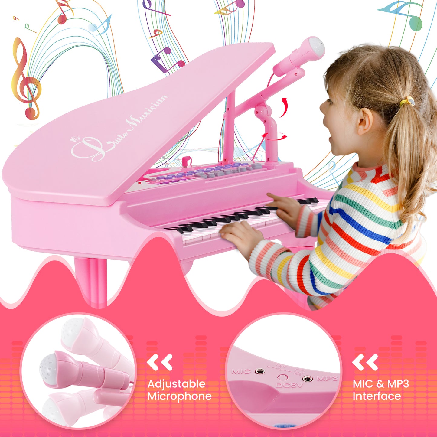 37 Keys Kids Piano Keyboard with Stool and Piano Lid-Pink Kids Crystal