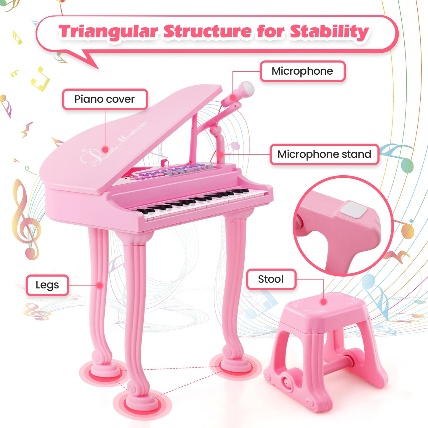 37 Keys Kids Piano Keyboard with Stool and Piano Lid-Pink Kids Crystal