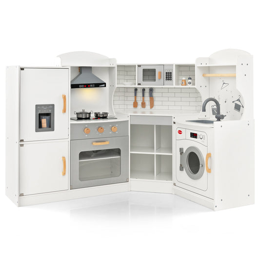 Corner Kids Play Kitchen with Washing Machine and Ice Maker Gift for Boys Girls-White Kids Crystal