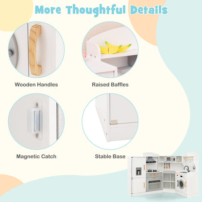 Corner Kids Play Kitchen with Washing Machine and Ice Maker Gift for Boys Girls-White