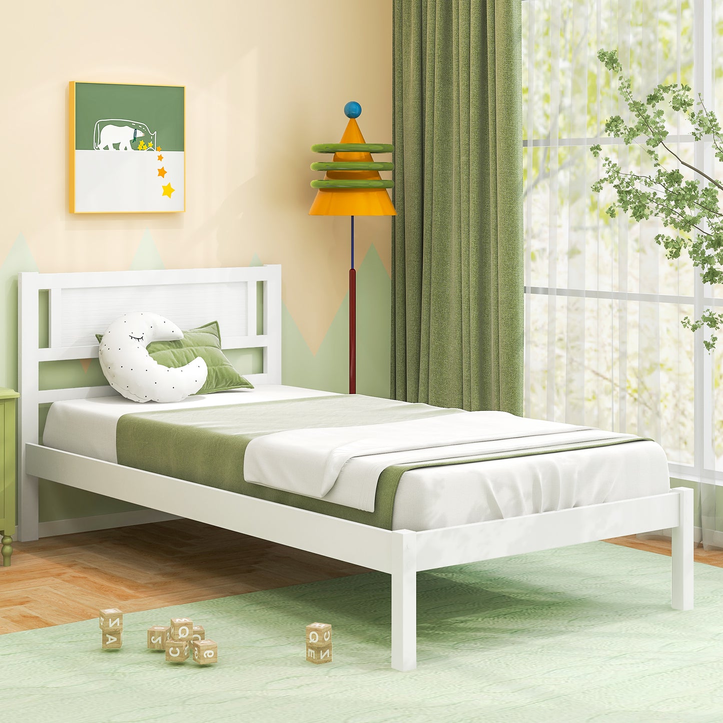 Twin/Full/Queen Size Wood Bed Frame with Headboard and Wooden Slats Support-Twin Kids Crystal