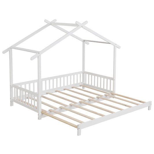 Extendable House Bed Twin to King Daybed with Roof and Fence Rails-White Kids Crystal