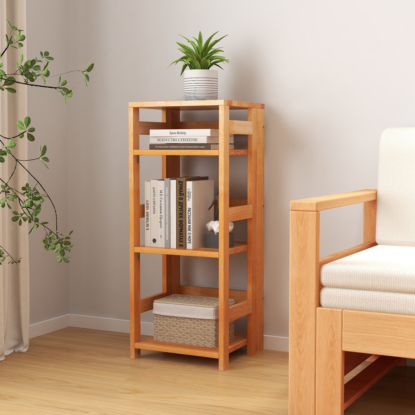 4-Tier Bookshelf Rubber Wood Bookcase with Side Fences for Living Room-14 inches Kids Crystal