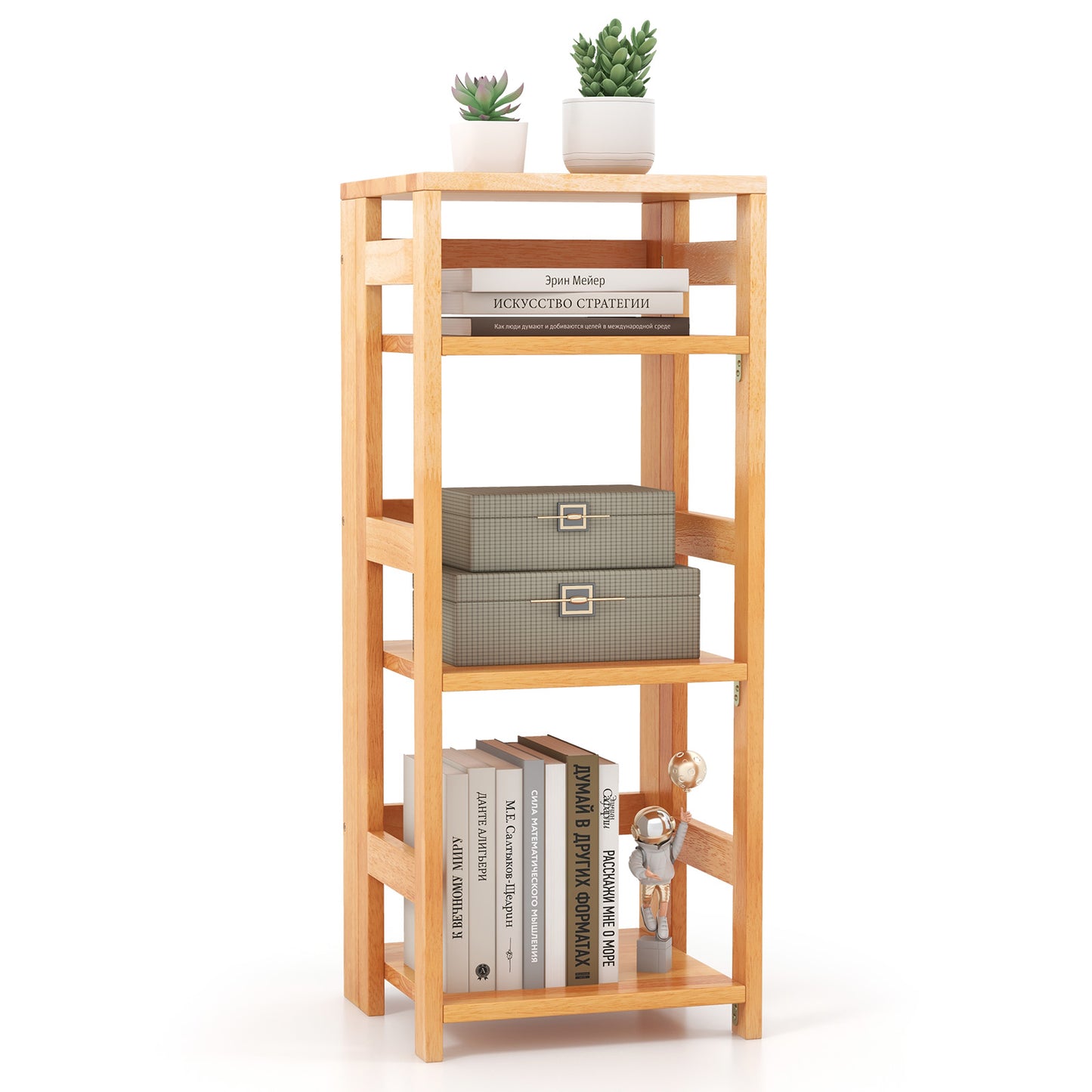 4-Tier Bookshelf Rubber Wood Bookcase with Side Fences for Living Room-14 inches Kids Crystal