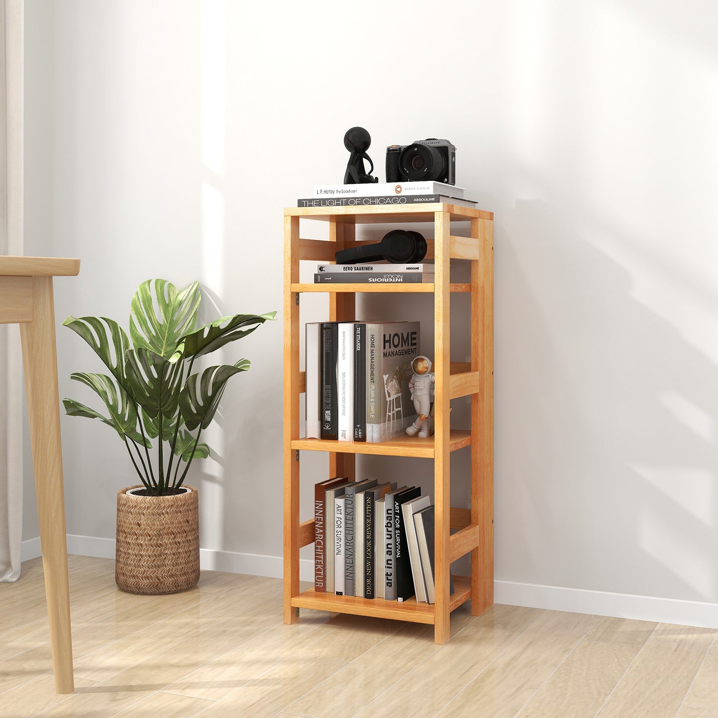 4-Tier Bookshelf Rubber Wood Bookcase with Side Fences for Living Room-14 inches Kids Crystal