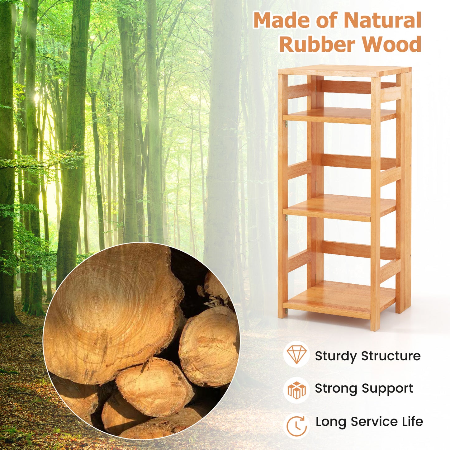 4-Tier Bookshelf Rubber Wood Bookcase with Side Fences for Living Room-14 inches Kids Crystal