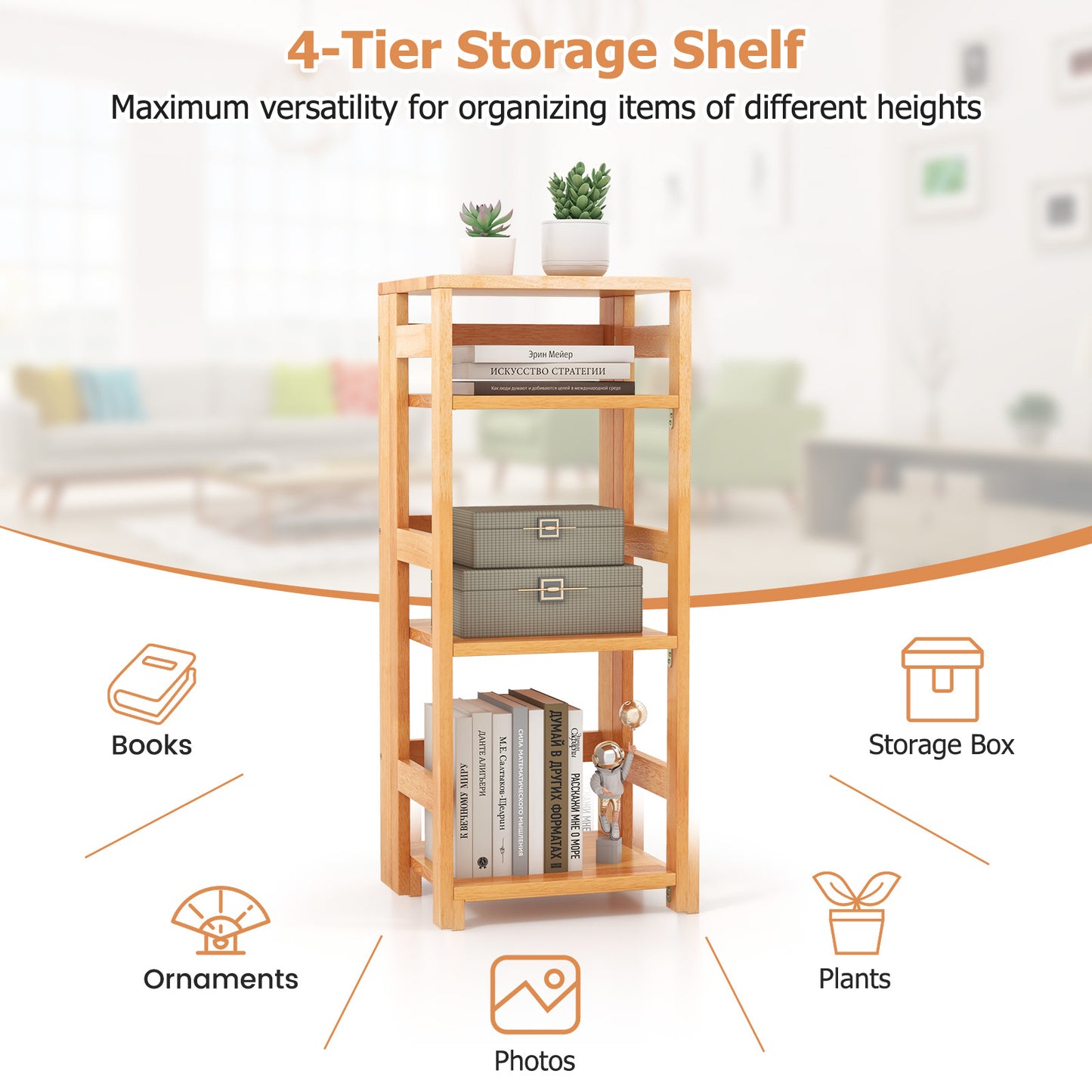 4-Tier Bookshelf Rubber Wood Bookcase with Side Fences for Living Room-14 inches Kids Crystal