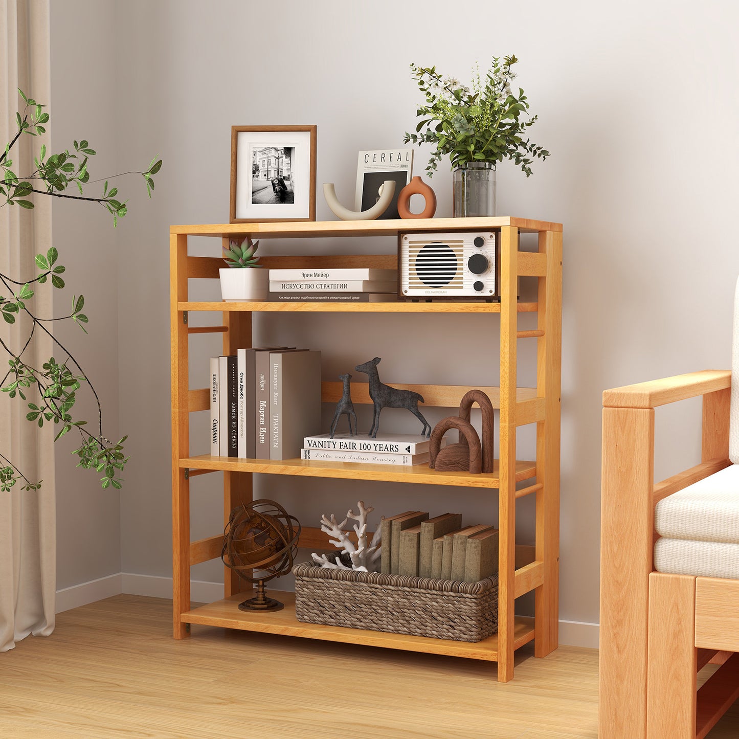 4-Tier Bookshelf Rubber Wood Bookcase with Side Fences for Living Room-29.5 inches Kids Crystal