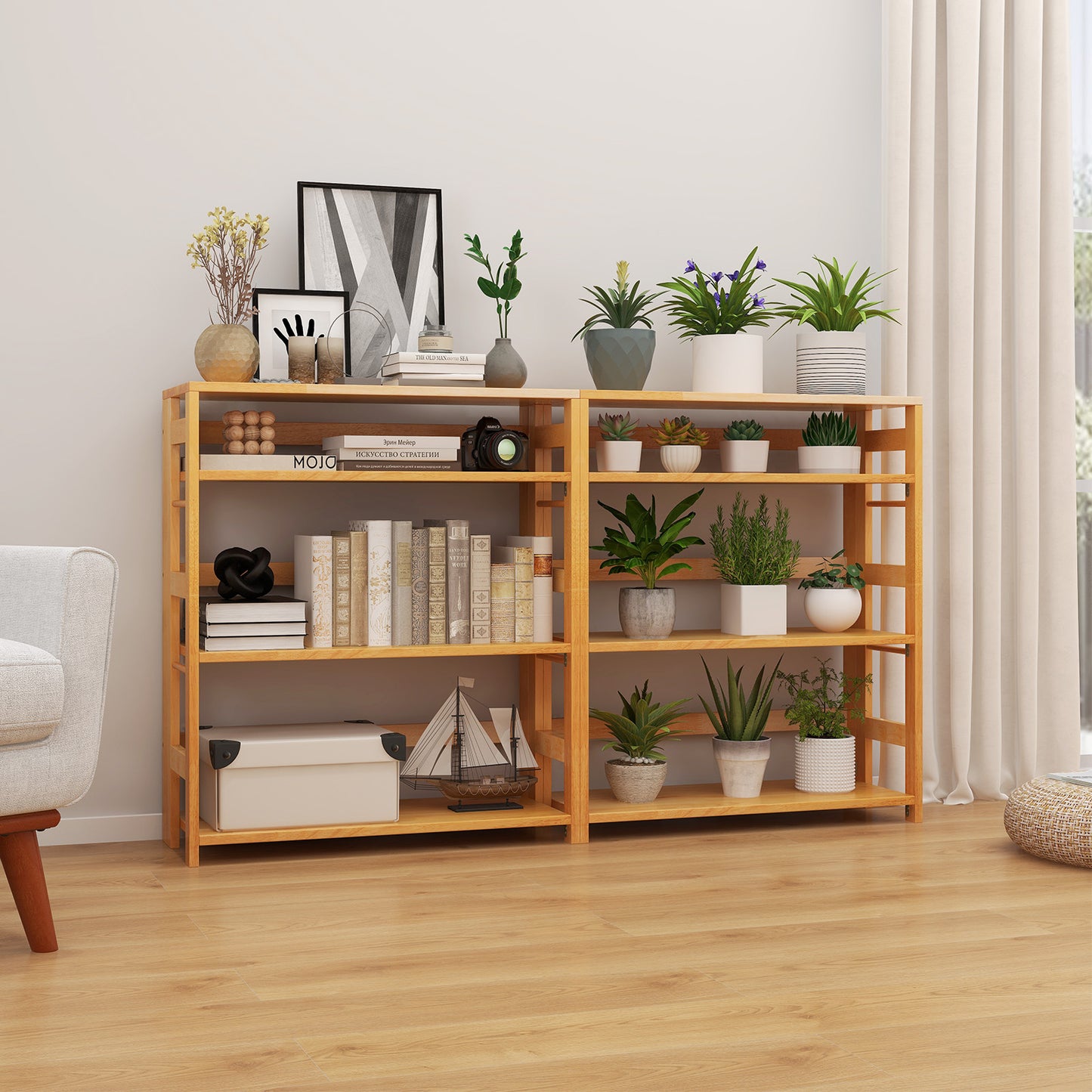 4-Tier Bookshelf Rubber Wood Bookcase with Side Fences for Living Room-29.5 inches Kids Crystal