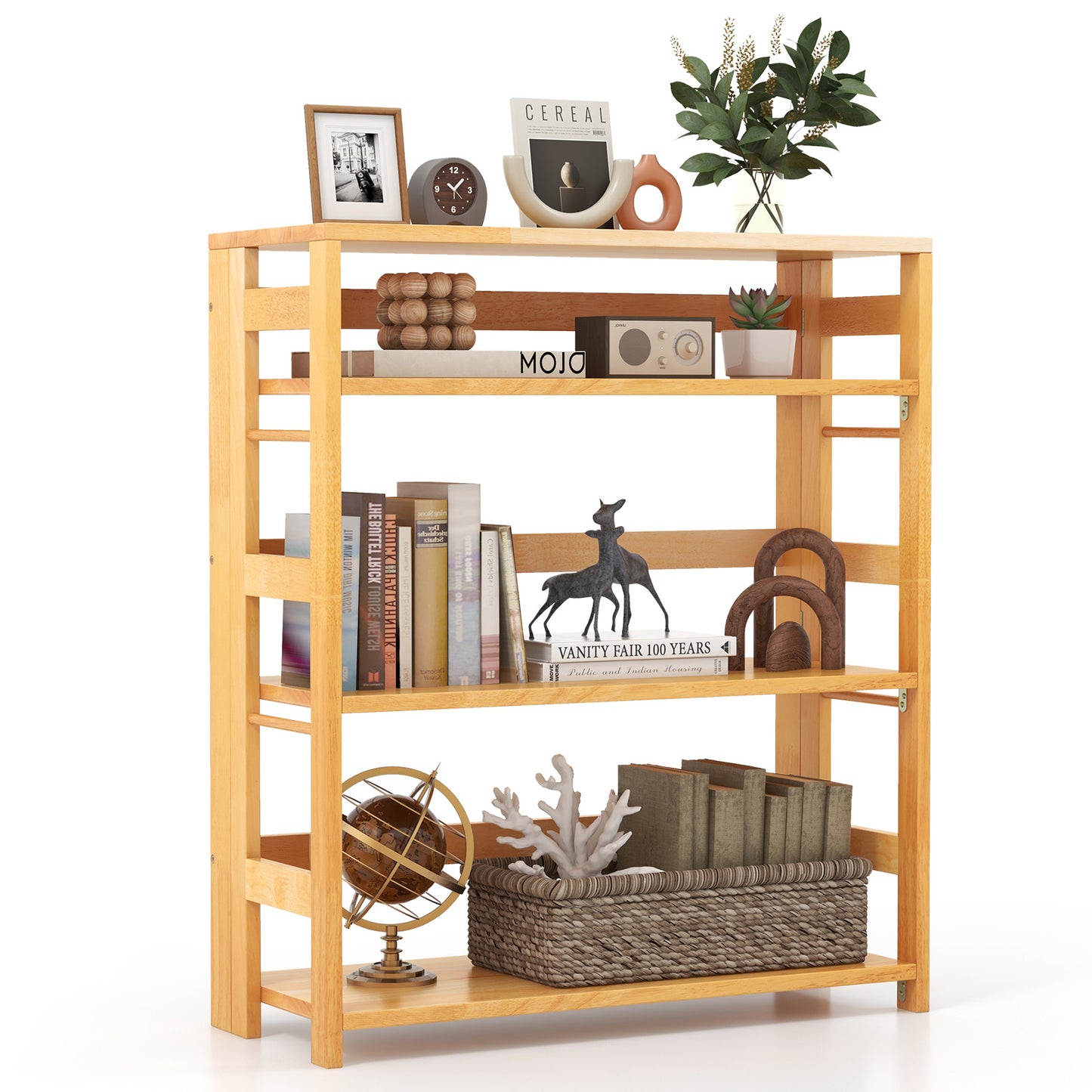 4-Tier Bookshelf Rubber Wood Bookcase with Side Fences for Living Room-29.5 inches Kids Crystal