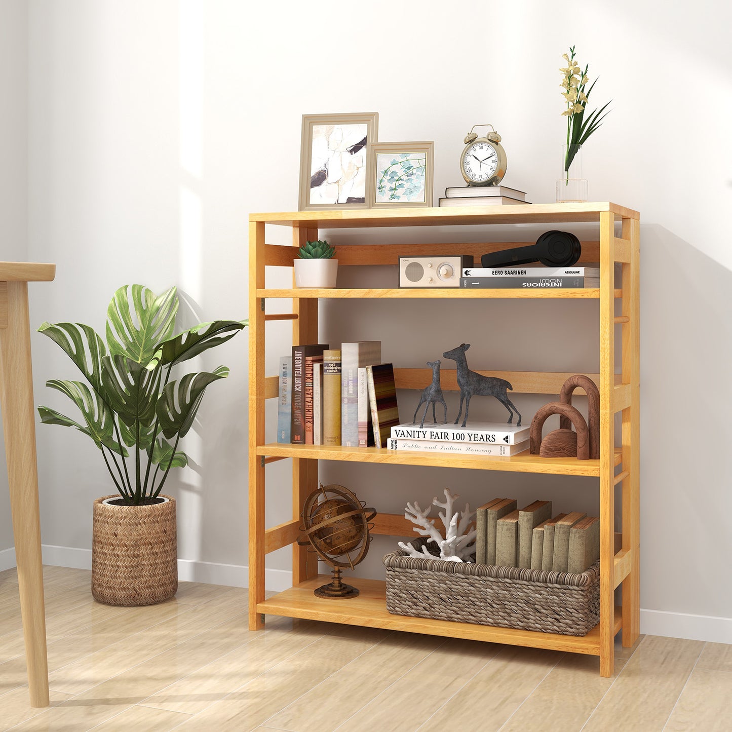 4-Tier Bookshelf Rubber Wood Bookcase with Side Fences for Living Room-29.5 inches Kids Crystal