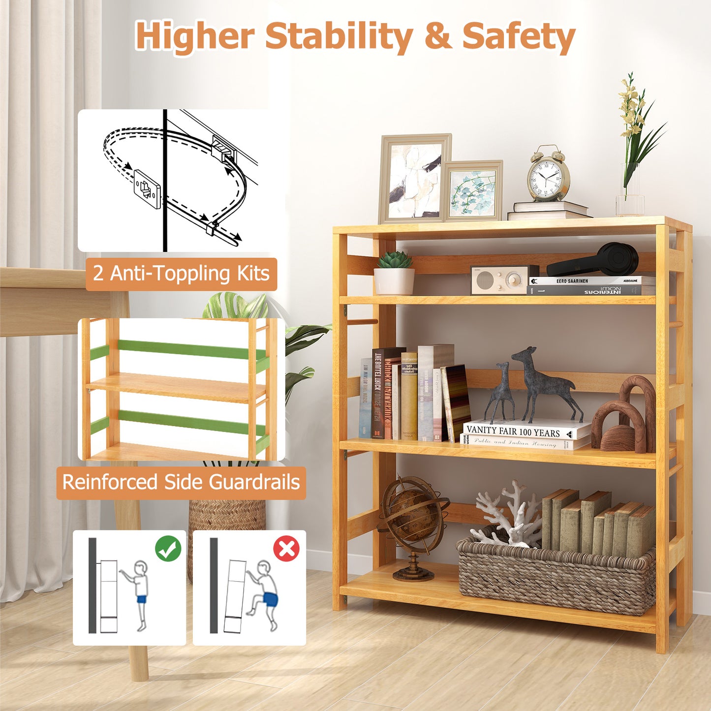 4-Tier Bookshelf Rubber Wood Bookcase with Side Fences for Living Room-29.5 inches Kids Crystal