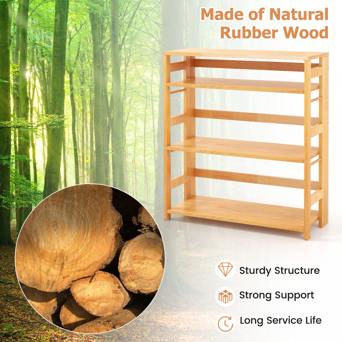 4-Tier Bookshelf Rubber Wood Bookcase with Side Fences for Living Room-29.5 inches Kids Crystal