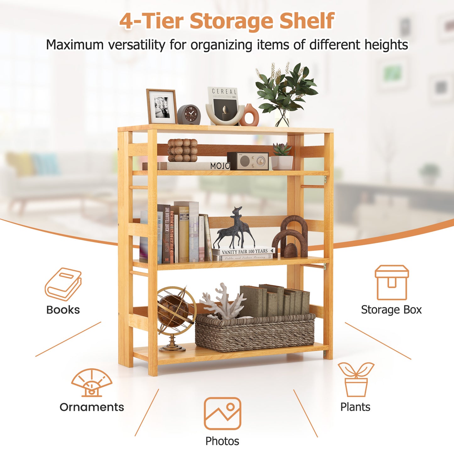 4-Tier Bookshelf Rubber Wood Bookcase with Side Fences for Living Room-29.5 inches Kids Crystal