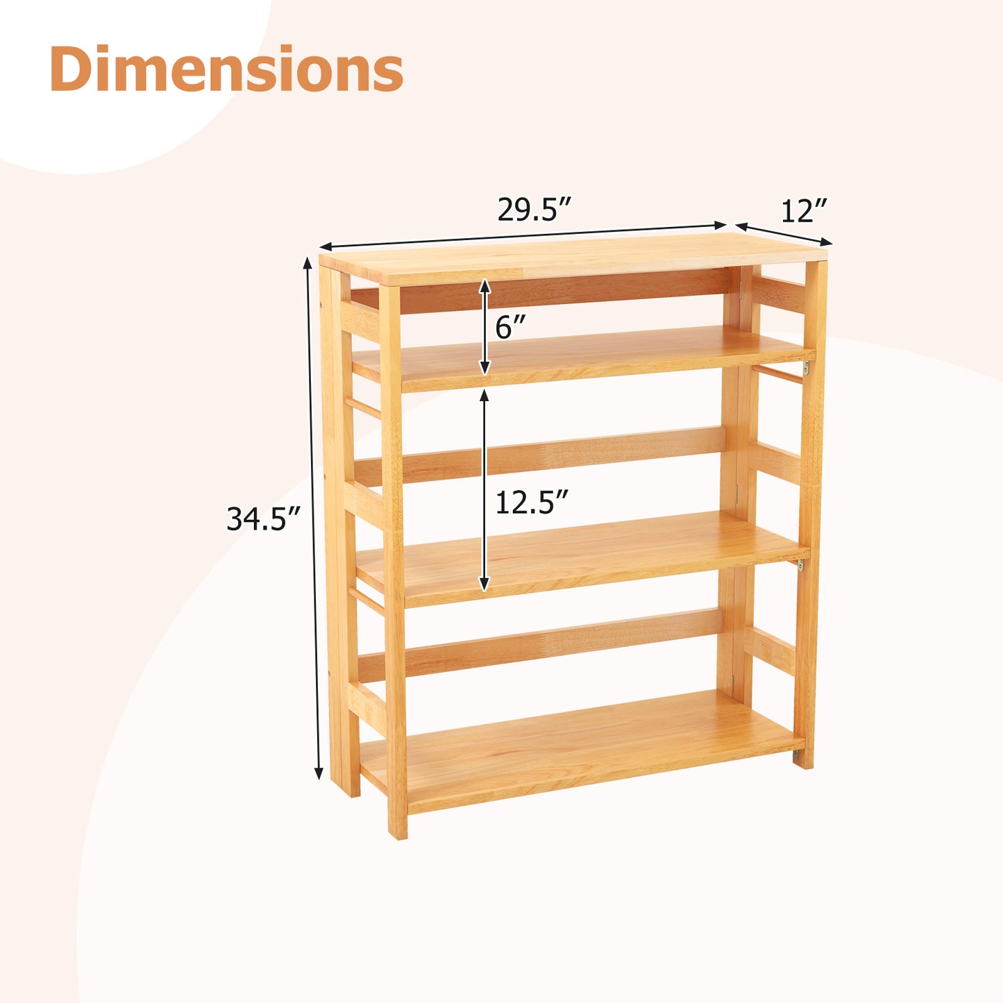 4-Tier Bookshelf Rubber Wood Bookcase with Side Fences for Living Room-29.5 inches Kids Crystal