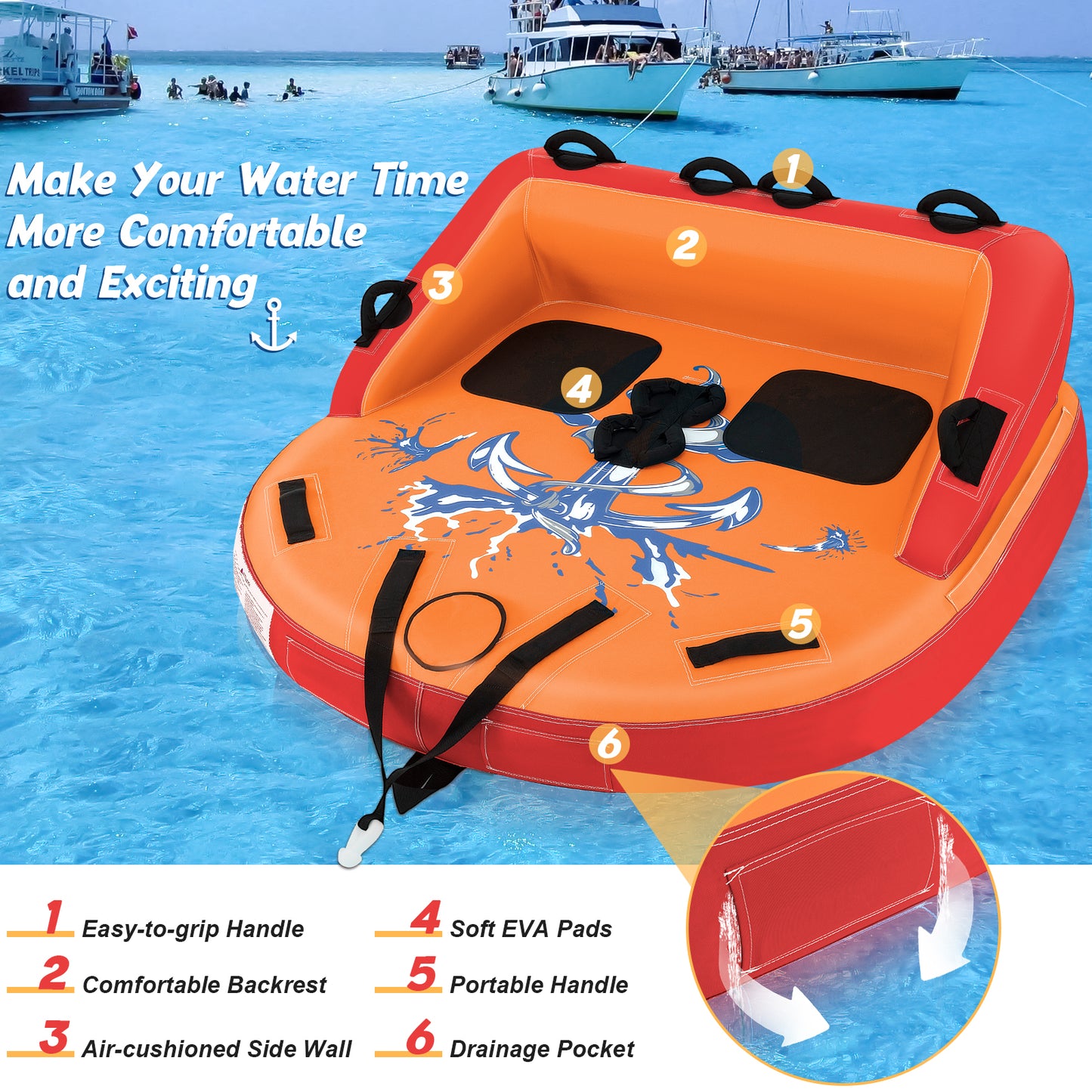 2 Person Water Sport Inflatable Towable Tubes for Boating-Orange Kids Crystal