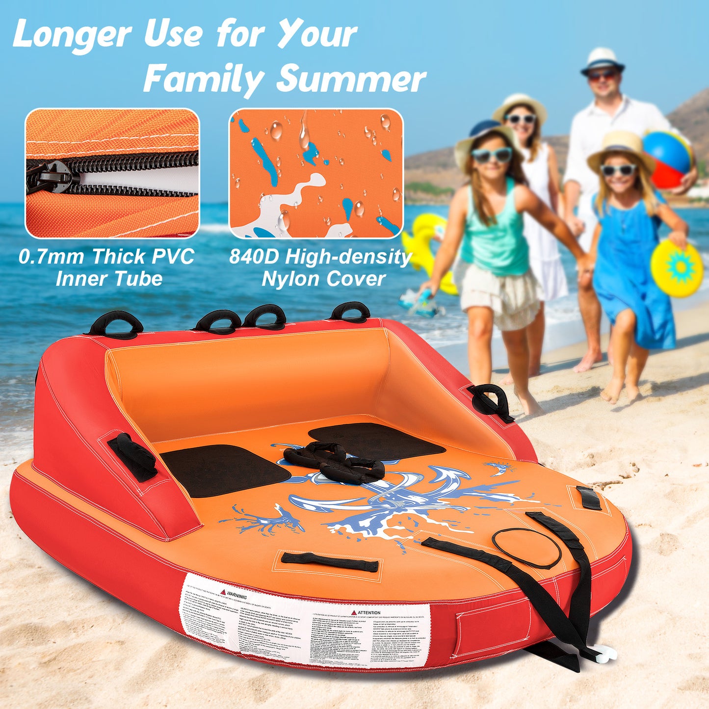 2 Person Water Sport Inflatable Towable Tubes for Boating-Orange Kids Crystal
