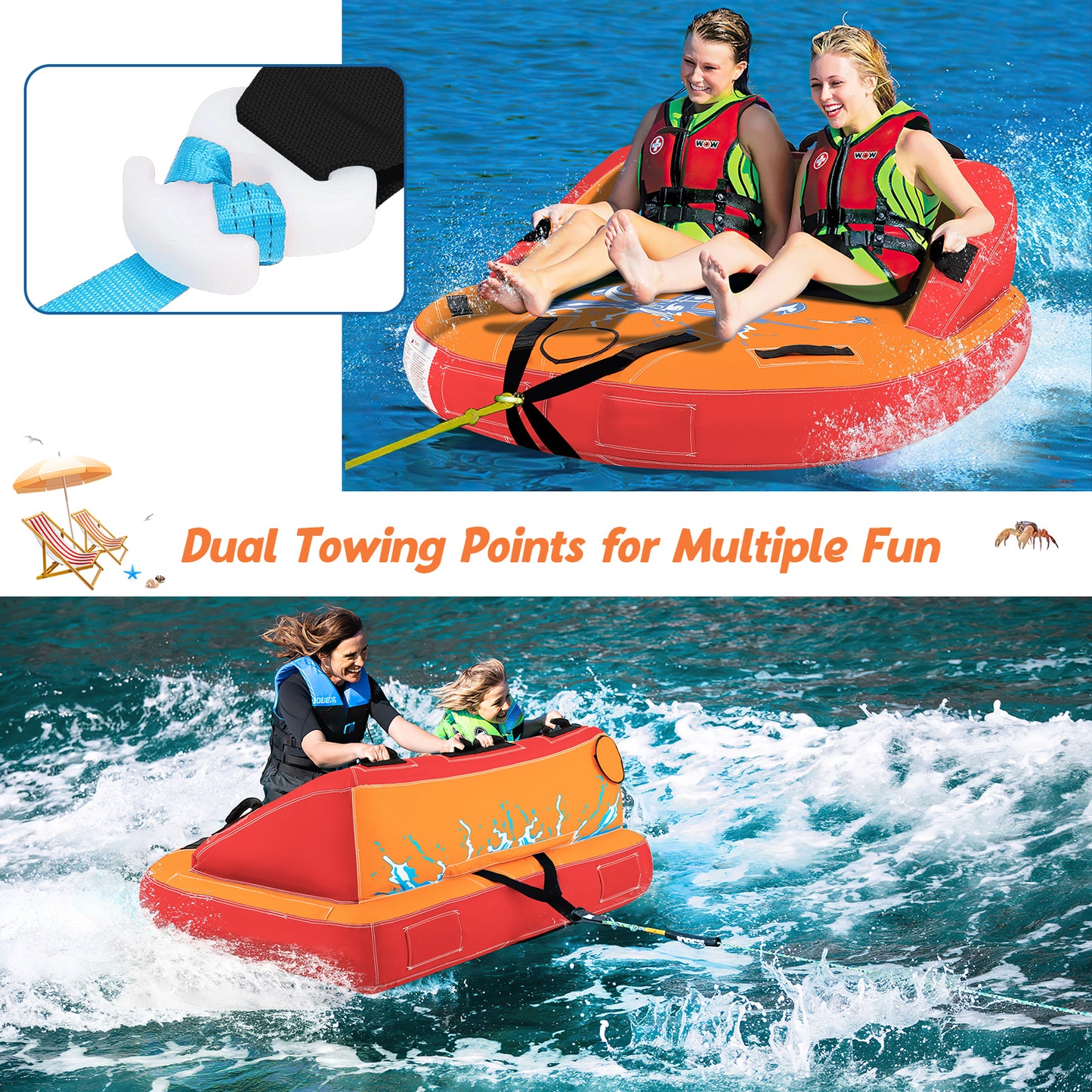 2 Person Water Sport Inflatable Towable Tubes for Boating-Orange Kids Crystal