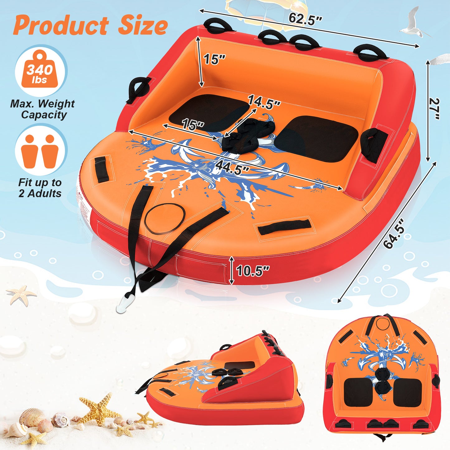 2 Person Water Sport Inflatable Towable Tubes for Boating-Orange Kids Crystal