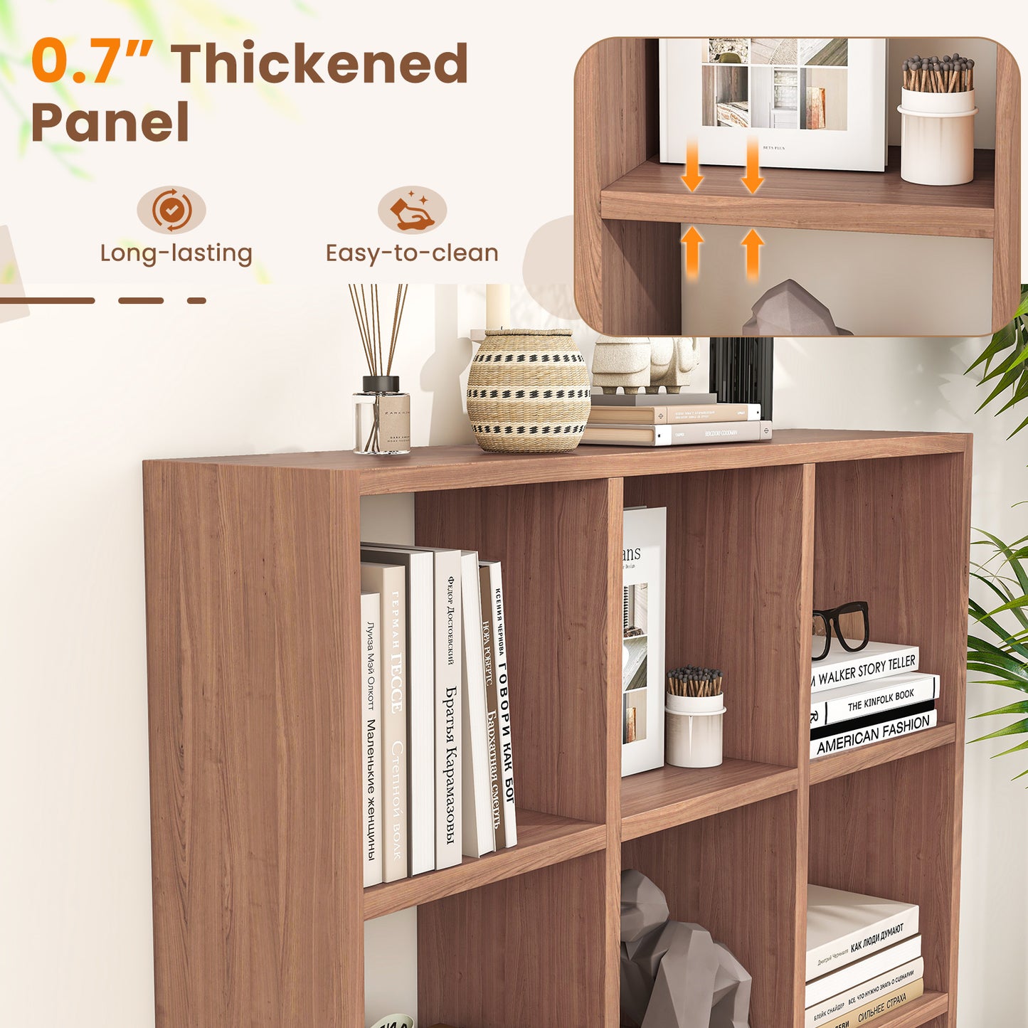 9-Cube Bookcase with 6 Removable Shelves and Raised Support Feet-Brown Kids Crystal